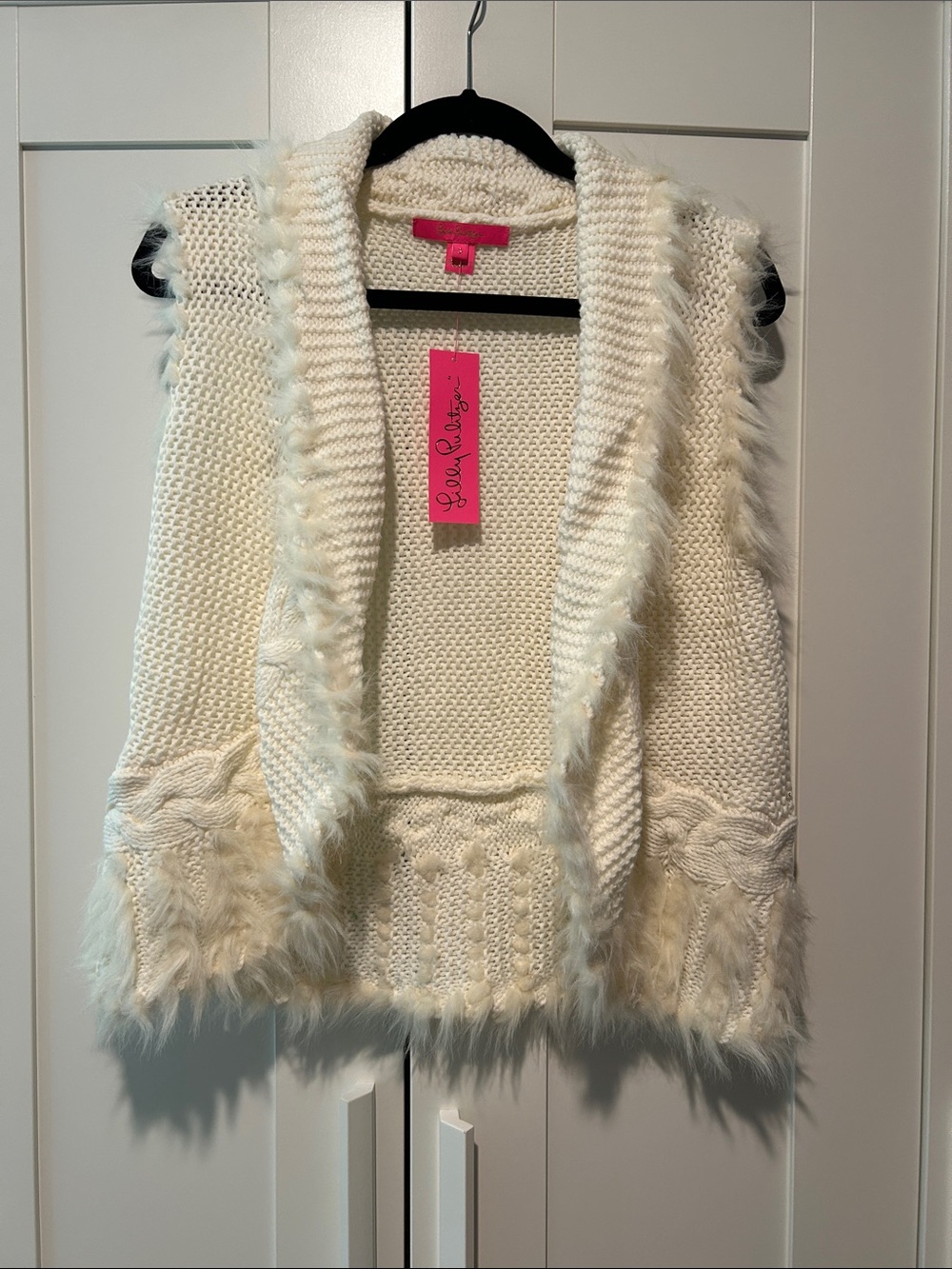 Lilly Pulitzer Cream Faux-Fur Trim Knit Vest